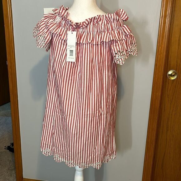🆕 PARKER Cable Red & White Striped Off the Shoulder Floral Embroidered Dress‎ - Picture 5 of 7